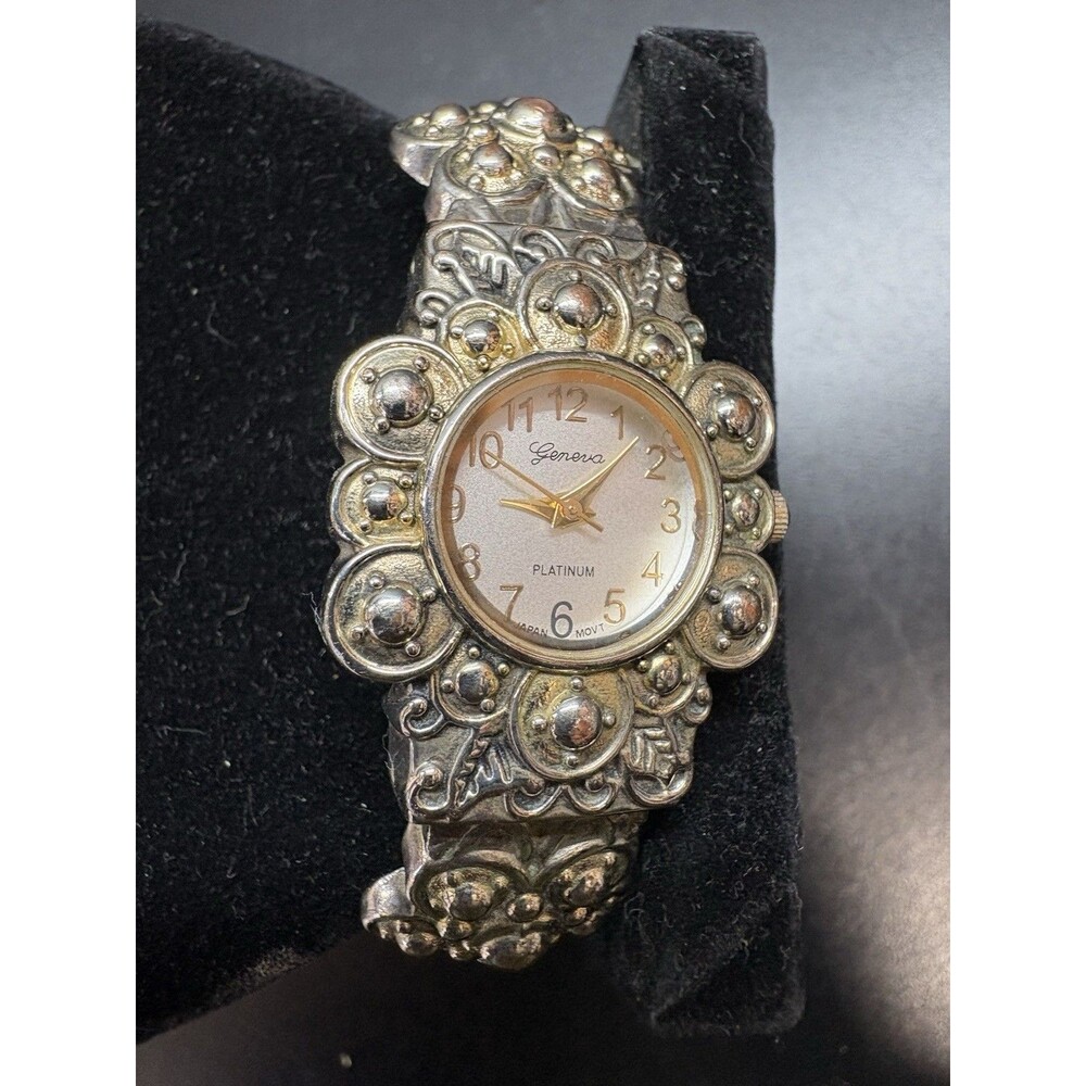 Vintage Geneva Cuff Watch Bronze Tone Stainless Steel Floral Pattern White Dial